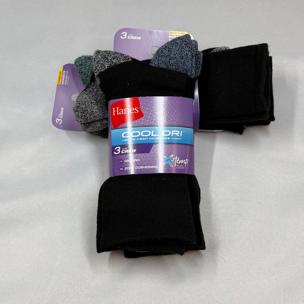 Hanes Cool Dri Womens Crew Socks 6 Pair Extended Size 8-12 Black